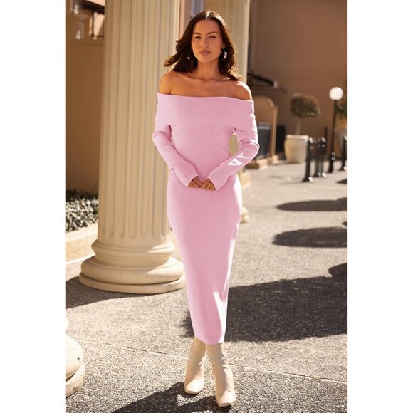Merokeety Women's Lightpink Off Shoulder Long Sleeve Elegant Bodycon Midi Dress - Picture 9 of 9